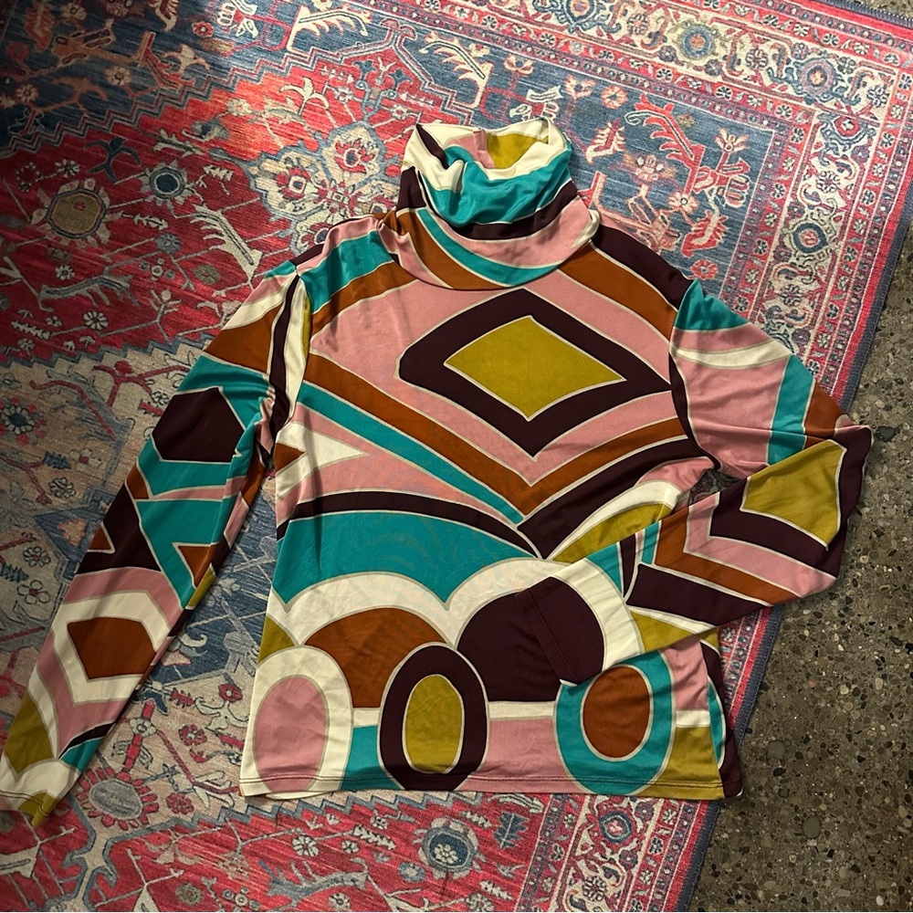 david meister silk art deco print turtleneck large